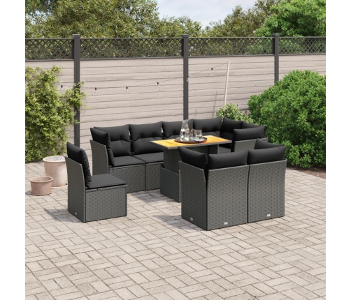 Set de sofás de jardín 8 piezas y cojines ratán sintético negro