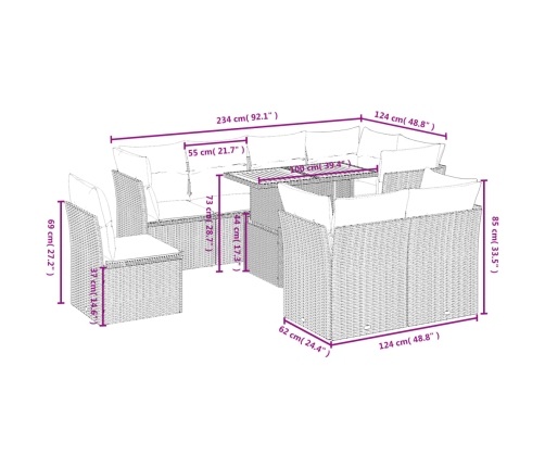 Set de muebles de jardín 9 pzas y cojines ratán sintético gris
