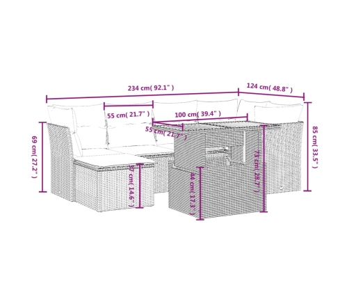 Set de comedor de jardín 7 pzas y cojines ratán sintético negro