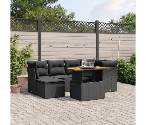 Set de comedor de jardín 7 pzas y cojines ratán sintético negro
