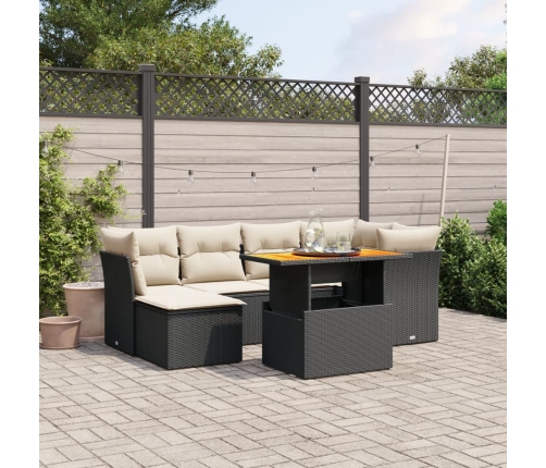 Set de comedor de jardín 7 pzas y cojines ratán sintético negro