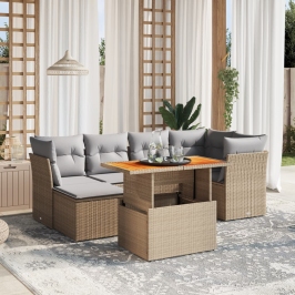 Set sofás de jardín 7 piezas y cojines ratán sintético beige