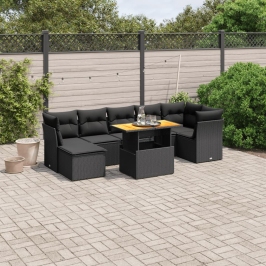 Set de sofás de jardín 8 piezas y cojines ratán sintético negro