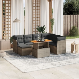 Set de sofás de jardín 8 pzas y cojines ratán sintético gris