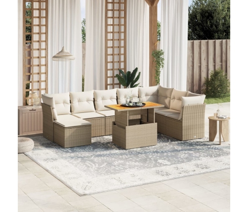 Set de sofás de jardín 9 pzas con cojines ratán sintético beige