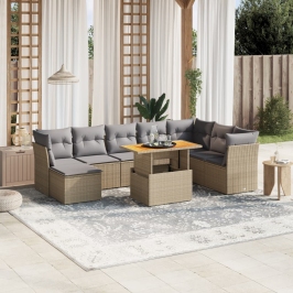 Set de sofás de jardín 9 pzas con cojines ratán sintético beige