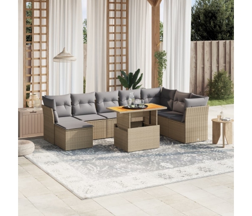 Set de sofás de jardín 9 pzas con cojines ratán sintético beige