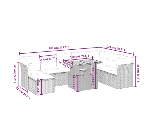 Set de muebles de jardín 9 pzas y cojines ratán sintético gris