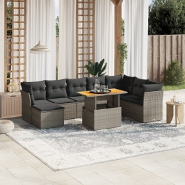 Set de muebles de jardín 9 pzas y cojines ratán sintético gris