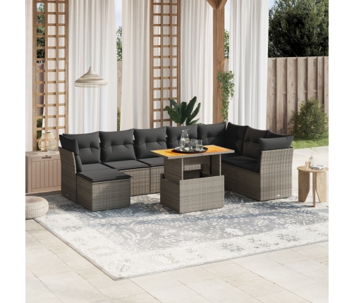 Set de muebles de jardín 9 pzas y cojines ratán sintético gris