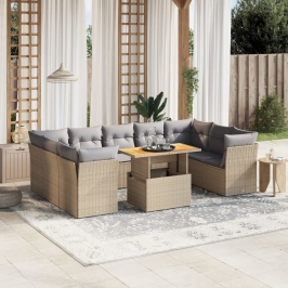 Juego de sofás jardín con cojines beige 10 pzas ratán sintético