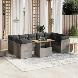 Set de sofás de jardín 10 pzas con cojines ratán sintético gris
