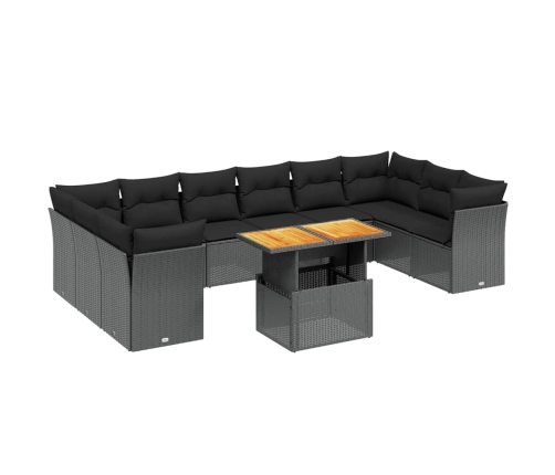 Set de sofás de jardín 11 pzas y cojines ratán sintético negro