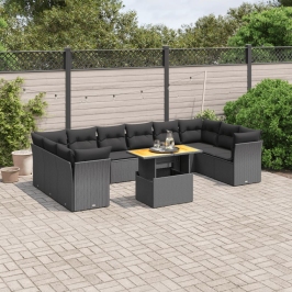 Set de sofás de jardín 11 pzas y cojines ratán sintético negro