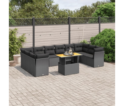 Set de sofás de jardín 11 pzas y cojines ratán sintético negro