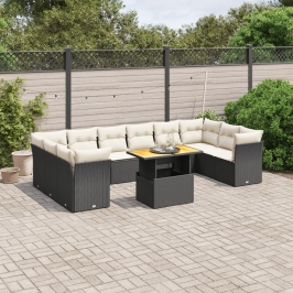 Set de sofás de jardín 11 pzas y cojines ratán sintético negro