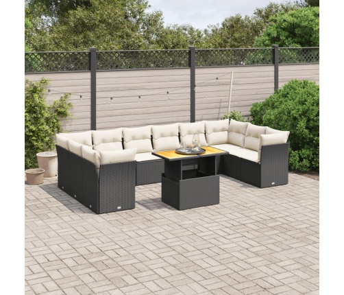 Set de sofás de jardín 11 pzas y cojines ratán sintético negro