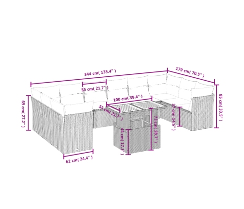 Set de sofás de jardín 11pzas con cojines ratán sintético beige