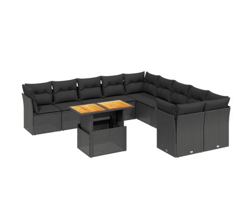 Set de sofás de jardín 11 pzas y cojines ratán sintético negro