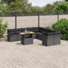 Set de sofás de jardín 11 pzas y cojines ratán sintético negro