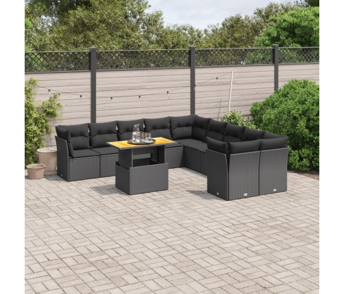 Set de sofás de jardín 11 pzas y cojines ratán sintético negro