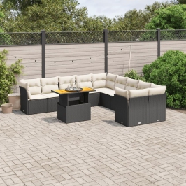 Set de sofás de jardín 11 pzas y cojines ratán sintético negro