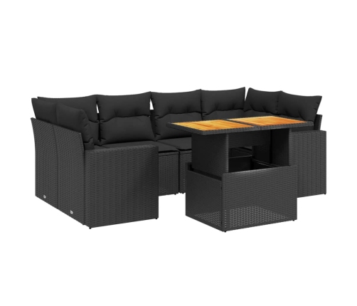 Set de comedor de jardín 7 pzas y cojines ratán sintético negro