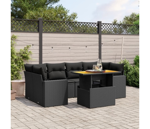 Set de comedor de jardín 7 pzas y cojines ratán sintético negro