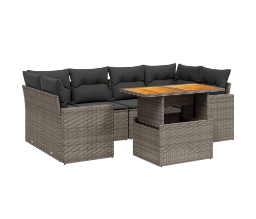 Set de sofás de jardín 7 piezas con cojines ratán PE gris