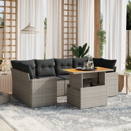Set de sofás de jardín 7 piezas con cojines ratán PE gris