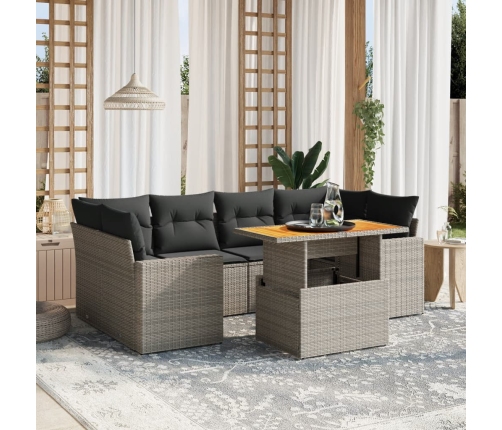 Set de sofás de jardín 7 piezas con cojines ratán PE gris