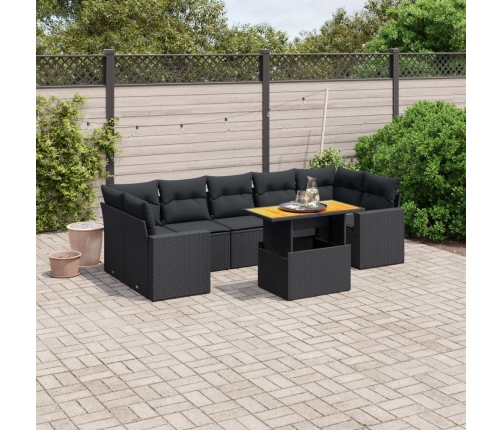 Set de sofás de jardín 8 piezas y cojines ratán sintético negro
