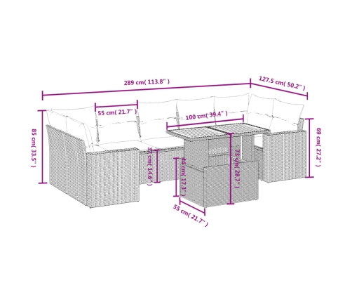 Set de sofás de jardín 8 pzas y cojines ratán sintético gris