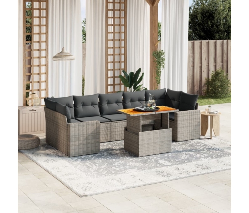 Set de sofás de jardín 8 pzas y cojines ratán sintético gris