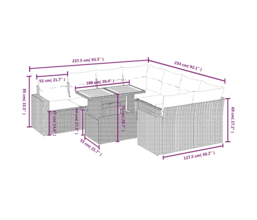 Set de sofás de jardín 9 pzas con cojines ratán sintético beige