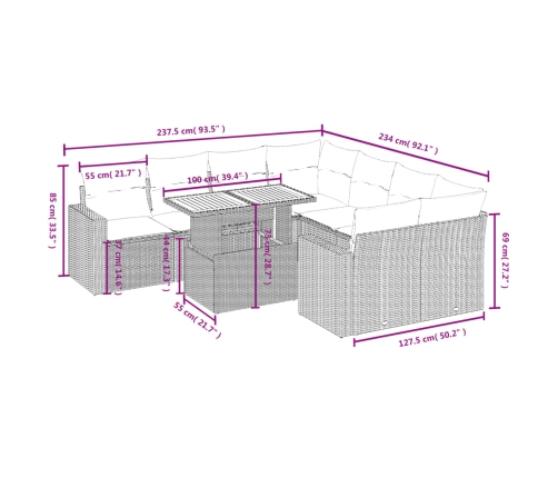 Set de muebles de jardín 9 pzas y cojines ratán sintético gris