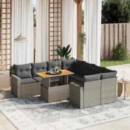 Set de muebles de jardín 9 pzas y cojines ratán sintético gris