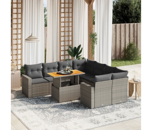Set de muebles de jardín 9 pzas y cojines ratán sintético gris