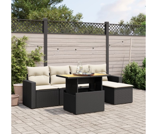 Set de sofás de jardín 6 piezas y cojines ratán sintético negro
