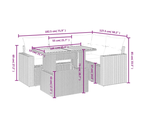 Set de muebles de jardín 5 pzas y cojines ratán sintético negro