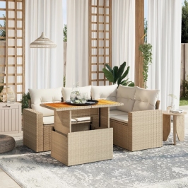 Juego de sofás jardín con cojines 5 pzas ratán sintético beige