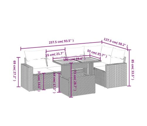 Set de muebles de jardín 6 pzas y cojines ratán sintético gris