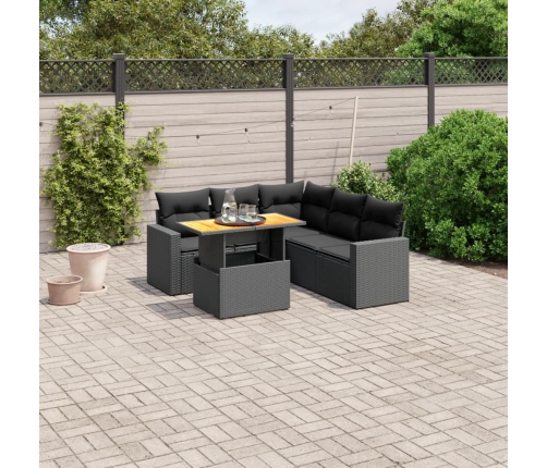 Set de sofás de jardín 6 piezas y cojines ratán sintético negro