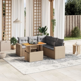 Juego de sofás jardín con cojines 6 pzas ratán sintético beige
