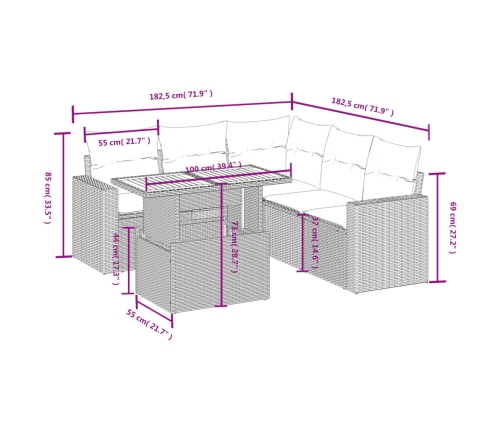 Set de muebles de jardín 6 pzas y cojines ratán sintético gris