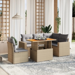 Juego de sofás jardín con cojines 6 pzas ratán sintético beige