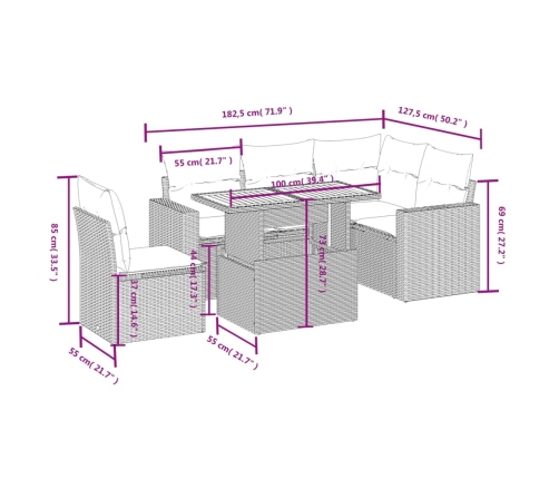 Set de muebles de jardín 6 pzas y cojines ratán sintético gris