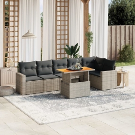 Set de sofás de jardín 7 piezas con cojines ratán PE gris