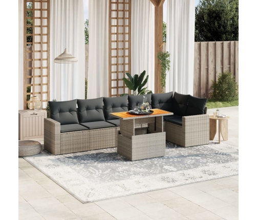 Set de sofás de jardín 7 piezas con cojines ratán PE gris