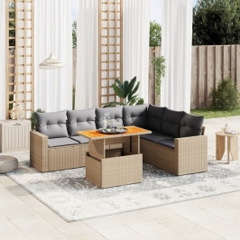 Set sofás de jardín 7 piezas y cojines ratán sintético beige